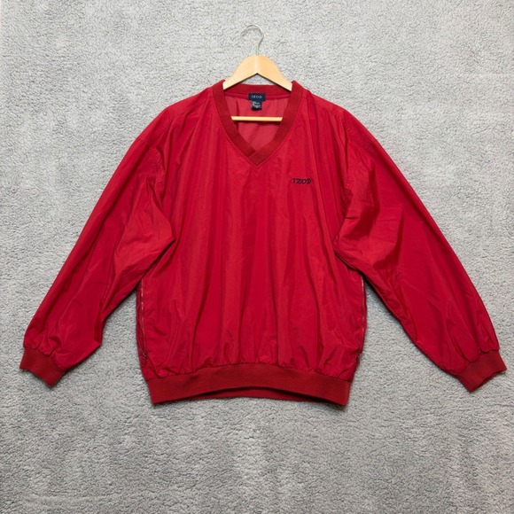 Izod Other - Vtg IZOD Windbreaker Men M Red PACKABLE Pullover Long Sleeve Nylon V-Neck 90s